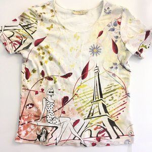 Impulse California Womens M Medium Eiffel Tower Designer Print Studded Shirt Top